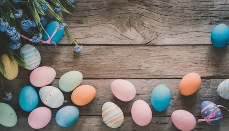 Easter eggs and spring flowers on a wooden background. Top view.の素材