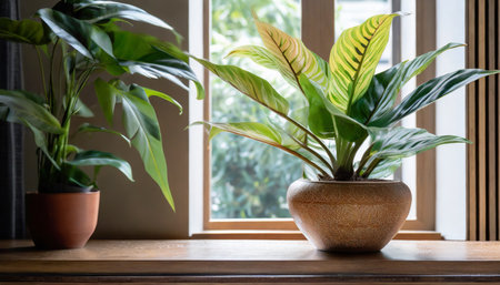 a lush decorative pot plant standing at living room windowの素材