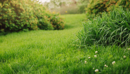 Green grass in the garden. Selective focus and shallow depth of field.の素材