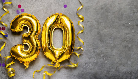 Number 30 gold foil balloon celebration background. Birthday or anniversary party decorationの素材