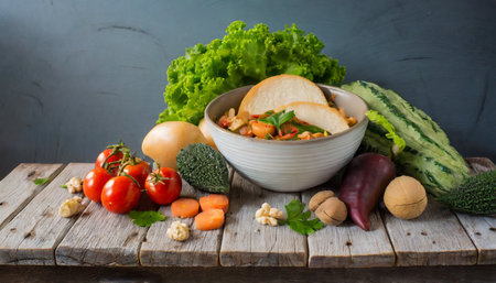 Vegetable salad in a bowl on a wooden background. Healthy food.の素材