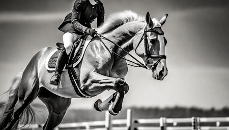 horse jumping equestrian sports show jumping themed photo macro black and whiteの素材