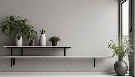 Interior of modern living room with gray walls, concrete floor, black wooden shelf and plant pots. 3d renderの素材