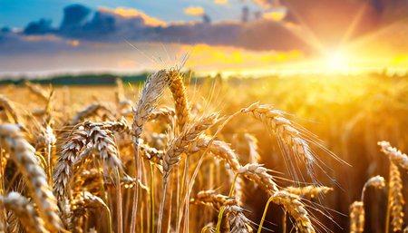 backdrop of ripening ears of golden wheat field on the sunsetの素材