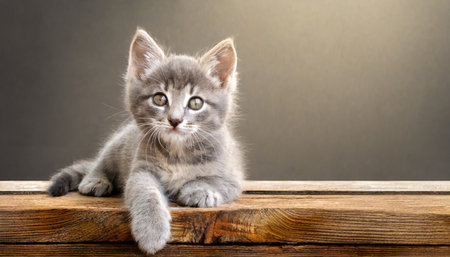 Cute little grey kitten on wooden table over gray background with copy spaceの素材
