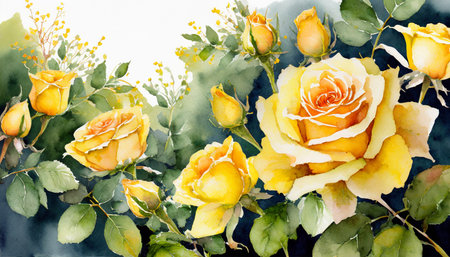 Watercolor bouquet of yellow roses on a white background. Watercolor painting.の素材