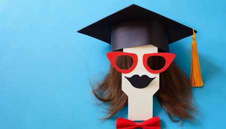 Graduation hat with mustache and glasses on blue background, closeupの素材