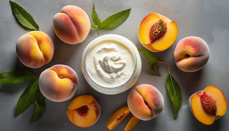 yogurt and fresh peaches background top view generative aiの素材
