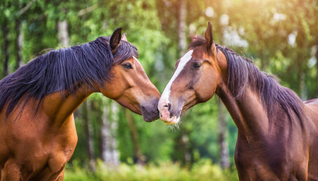 Two horses in the summer forest. Portrait of two horses.の素材