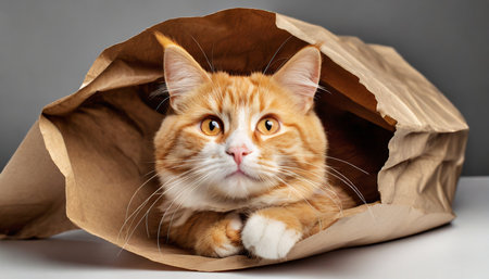 ginger cat in a brown paper bag on a gray background.の素材