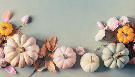 Autumn background with pumpkins, flowers and leaves. Flat lay, top view, copy spaceの素材