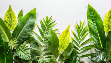Green tropical leaves on white background. Flat lay, top view.の素材
