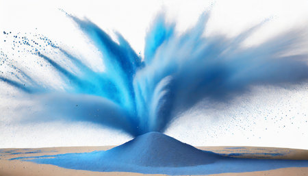 small size blue sand flying explosion ocean sands grain wave explode abstract cloud fly blue colored sand splash throwing in air white background isolated high speed shutter throwing freeze stopの素材