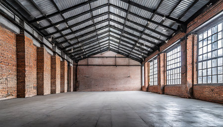 industrial loft style empty old warehouse interior brick wall concrete floor and black steel roof structureの素材