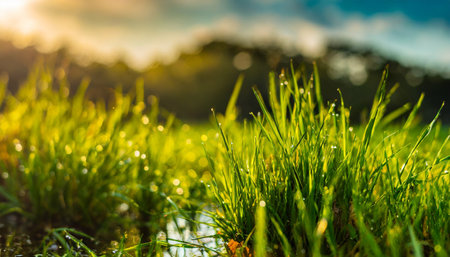 Morning dew on the green grass. Shallow depth of field.の素材