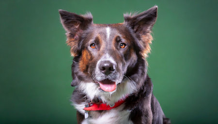 Portrait of a border collie dog in studio on green backgroundの素材