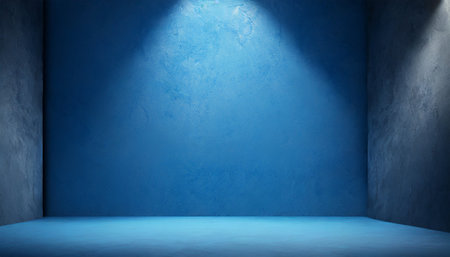 Blue concrete room with spotlights, 3D rendering. Computer digital drawing.の素材