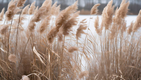 Dry reeds in the winter on a background of a frozen lakeの素材