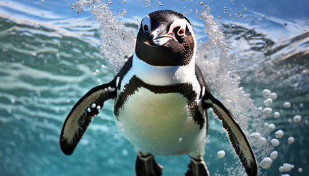 Penguin splashing water in front of him. Funny penguin.の素材