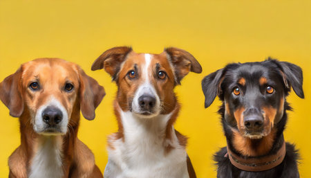 Group of dogs looking at the camera on a yellow background. Studio shot.の素材