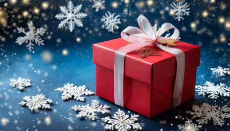 red gift box with snowflakes on a dark blue backgroundの素材