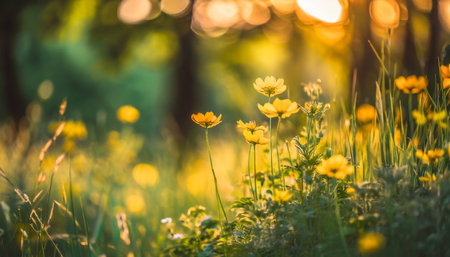 relaxing soft focus sunset field landscape of yellow flowers grass meadow warm golden hour sunset sunrise tranquil spring summer nature closeup and blurred forest background idyllic floral bloomの素材