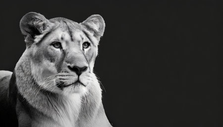 lion female lioness panthera leo portrait in black and white close up with writing spaceの素材