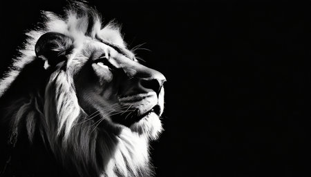 Portrait of a lion on a black background. Black and white photo.の素材