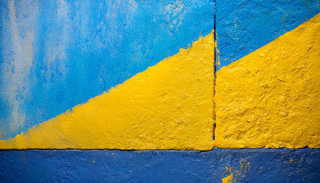 Blue and yellow painted wall. Abstract background and texture for design.の素材