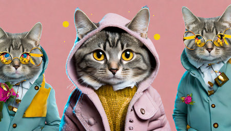 generated ai photo collage of cute cat wear fashionable style coat on pink color backgroundの素材