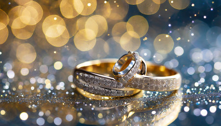 designer wedding rings on a sparkling backgroundの素材