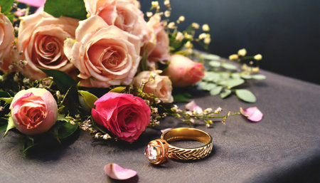 beauty of gold ring and rose wedding celebration jewelry with romantic flowers luxurious table background love and romance on beautiful anniversary and valentine s dayの素材