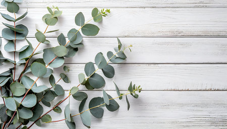 eucalyptus branches and leaves on wooden rustic white background minimal background eucalyptus on white board flat lay top view copy spaceの素材
