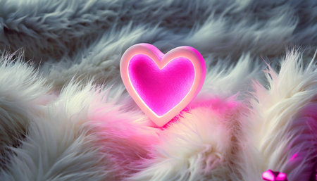 neon pink heart on white fur valentine s day backgroundの素材