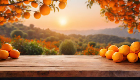 backdrop orange landscape empty wood table with free space above orange trees product display montage generative aiの素材