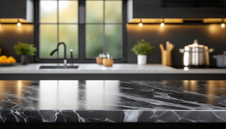 modern empty dark marble table top or kitchen island on blurry bokeh kitchenの素材