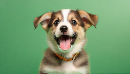 happy smiling puppy dog expression on green backgroundの素材