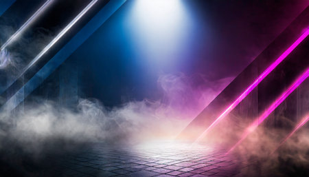 background of an empty room with smoke and neon light dark abstract backgroundの素材
