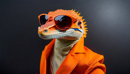 a humanoid lizard wearing a bright orange suit and sun glasses on black backgroundの素材