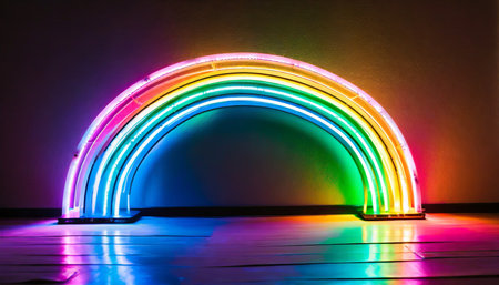 the led neon rainbow shines in the dark roomの素材