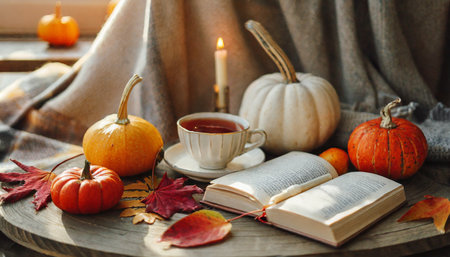 cozy warm autumn composition with cup of hot tea burning candle open book and pumpkins on wooden background autumn home decor fall mood thanksgiving halloweenの素材