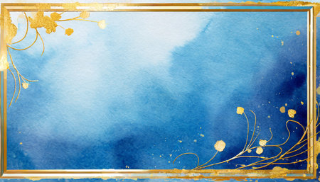 rectangular gold frame on an abstract blue background modern watercolor texture template a beautiful invitation card for a celebration or weddingの素材