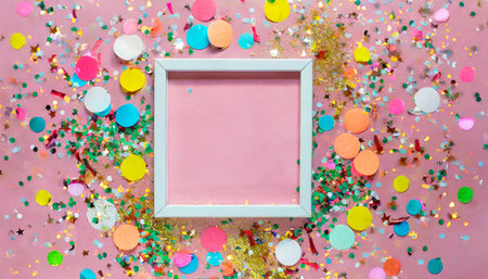colorful confetti and sparkles on pink pastel trendy background festive frame holiday backdrop flat lay copy spaceの素材