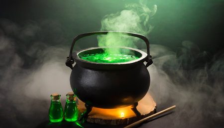 cauldron with green glowing potion on a dark foggy backgroundの素材