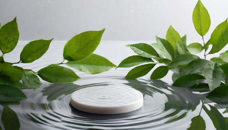 water ripple with green leaves trendy white background for cosmetic product presentation artistic concept copy spaceの素材
