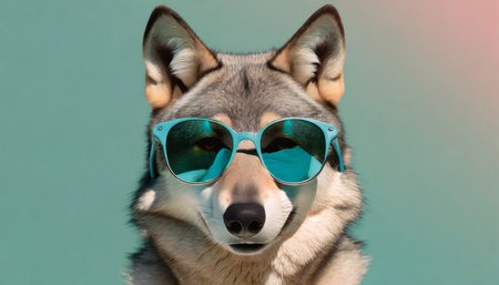 creative animal concept wolf in sunglass shade glasses on solid pastel background commercial editorial advertisement surreal surrealismの素材