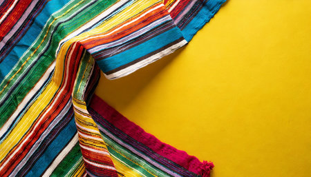 mexican national holiday concept top view photo of colorful striped serape on bright yellow background with empty spaceの素材