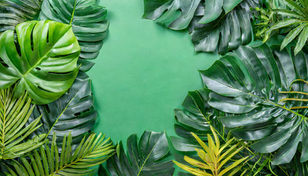 tropical leaf frame on green background with copy space flat lay top view summer or spring nature concept leaves mock upの素材
