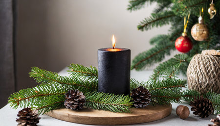 composition of flaming black christmas taper candle placed between spruce branches on the coffee table in living room christmas winter still life natural christmas decorations for home verticalの素材