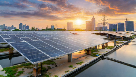 solar cell in solar farm alternative energy and sustainable energy photovoltaic pure energy renewable clean energy solar energy reduce global warming environment green energyの素材